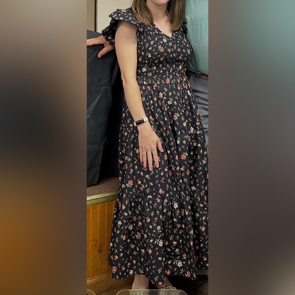 Dark Navy Floral Tiered Midi Dress